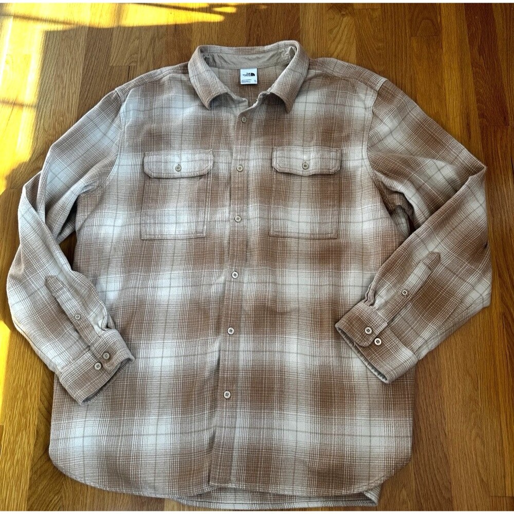The North Face Flannel Shirt Mens 2XL Khaki Stone Plaid Button-Up Arroyo Camp